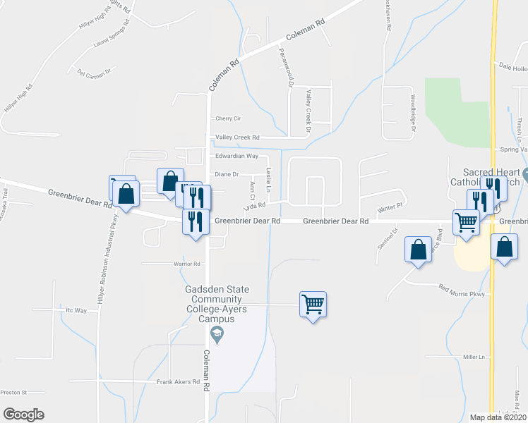 map of restaurants, bars, coffee shops, grocery stores, and more near 1820 Lyda Lane in Anniston