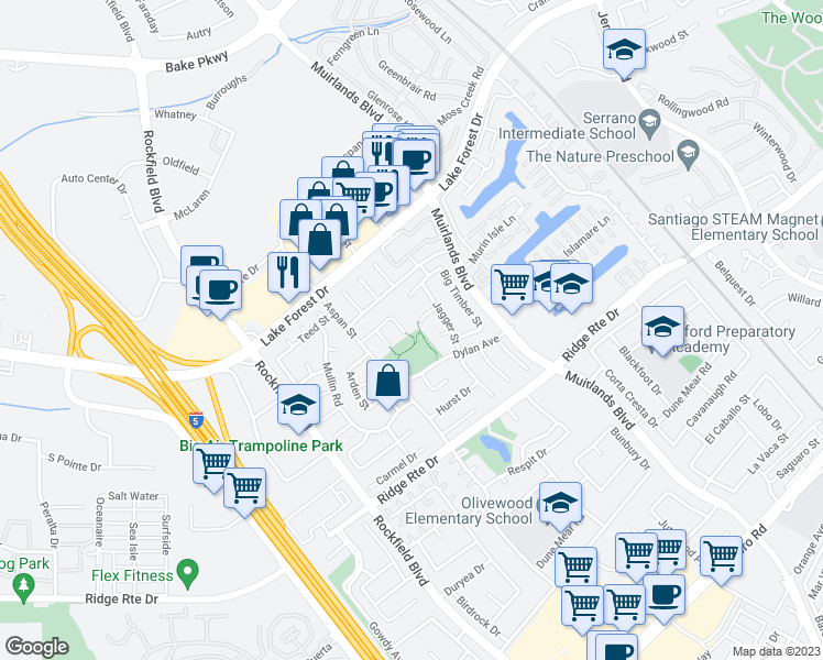 map of restaurants, bars, coffee shops, grocery stores, and more near 22912 Kingsley Street in Lake Forest