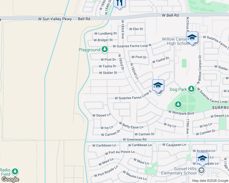 map of restaurants, bars, coffee shops, grocery stores, and more near 18382 West Marshall Lane in Surprise