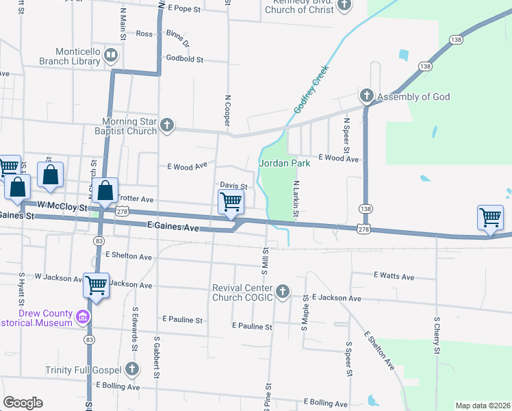 map of restaurants, bars, coffee shops, grocery stores, and more near 709 East Trotter Avenue in Monticello