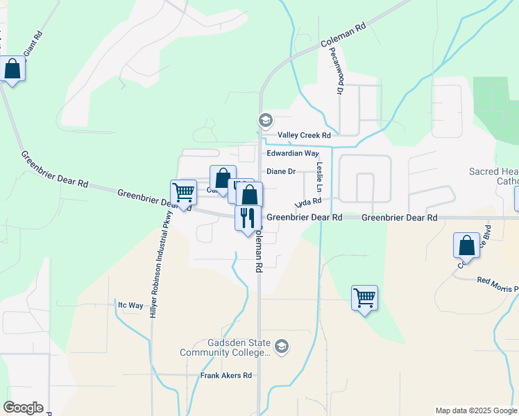 map of restaurants, bars, coffee shops, grocery stores, and more near 2134 Coleman Road in Anniston