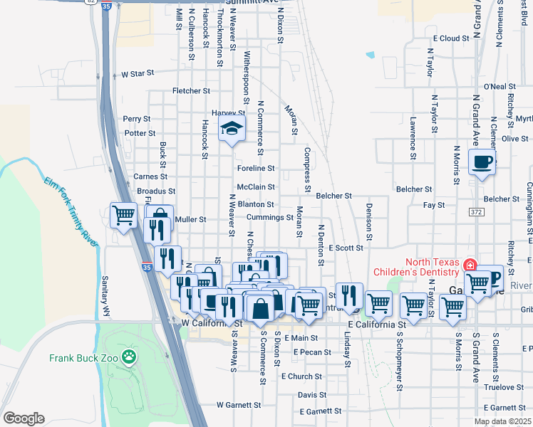 map of restaurants, bars, coffee shops, grocery stores, and more near 602 North Commerce Street in Gainesville