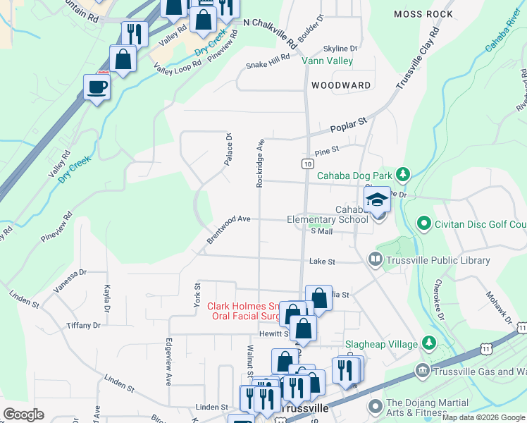 map of restaurants, bars, coffee shops, grocery stores, and more near 216 Brentwood Avenue in Trussville