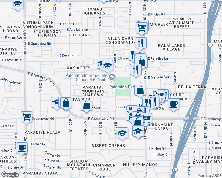 map of restaurants, bars, coffee shops, grocery stores, and more near 15650 North 29th Way in Phoenix