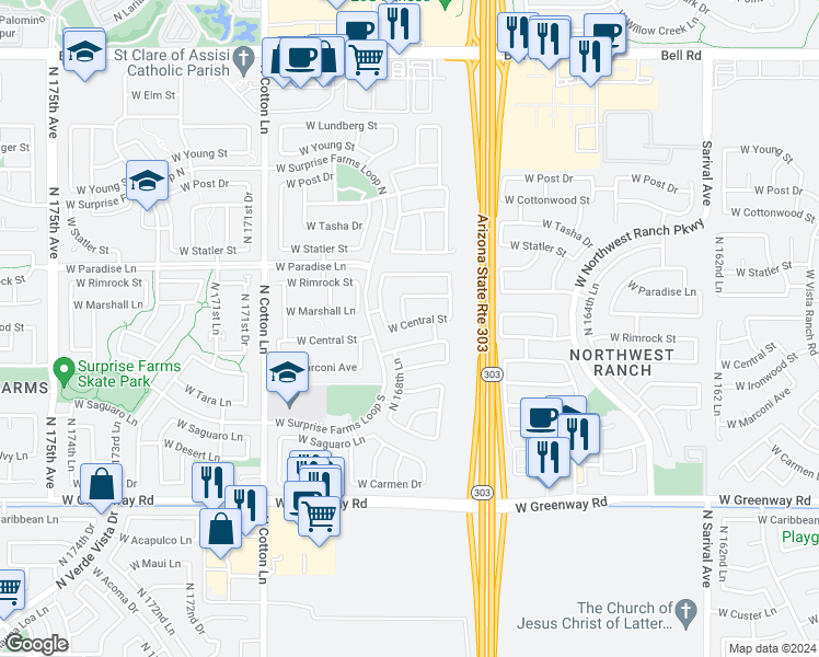map of restaurants, bars, coffee shops, grocery stores, and more near 16857 West Central Street in Surprise
