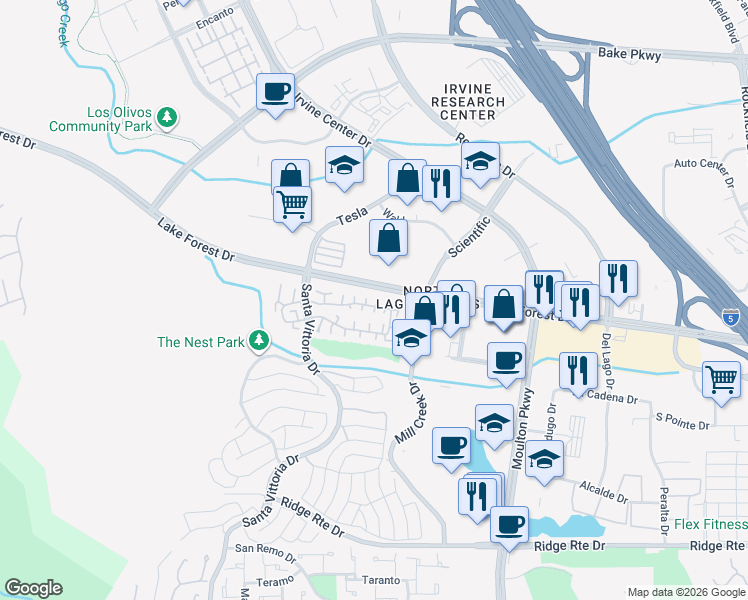 map of restaurants, bars, coffee shops, grocery stores, and more near 22895 Caminito Sol in Laguna Hills