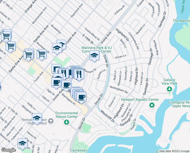 map of restaurants, bars, coffee shops, grocery stores, and more near 1206 Pembroke Lane in Newport Beach