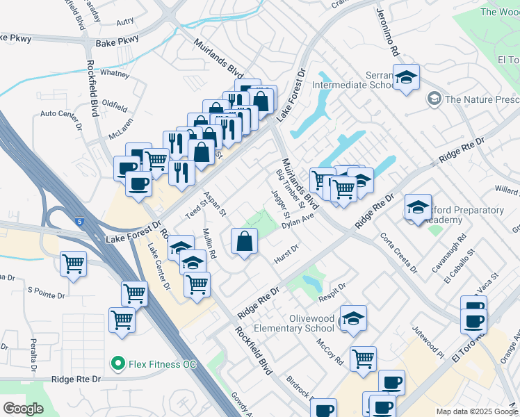 map of restaurants, bars, coffee shops, grocery stores, and more near 22912 Kingsley Street in Lake Forest