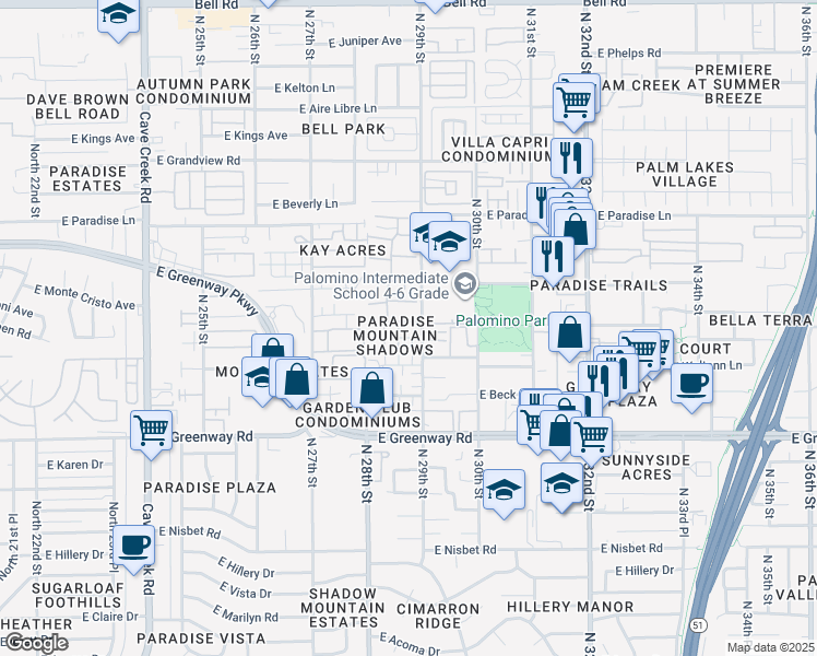 map of restaurants, bars, coffee shops, grocery stores, and more near 15636 North 29th Street in Phoenix