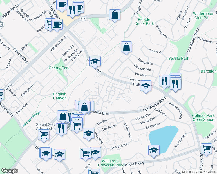 map of restaurants, bars, coffee shops, grocery stores, and more near 22948 Vía Pimiento in Mission Viejo
