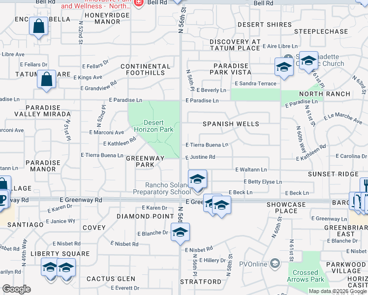map of restaurants, bars, coffee shops, grocery stores, and more near 5601 East Tierra Buena Lane in Scottsdale