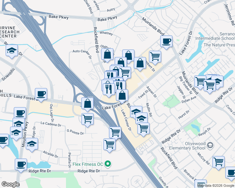 map of restaurants, bars, coffee shops, grocery stores, and more near 23622 Rockfield Boulevard in Lake Forest
