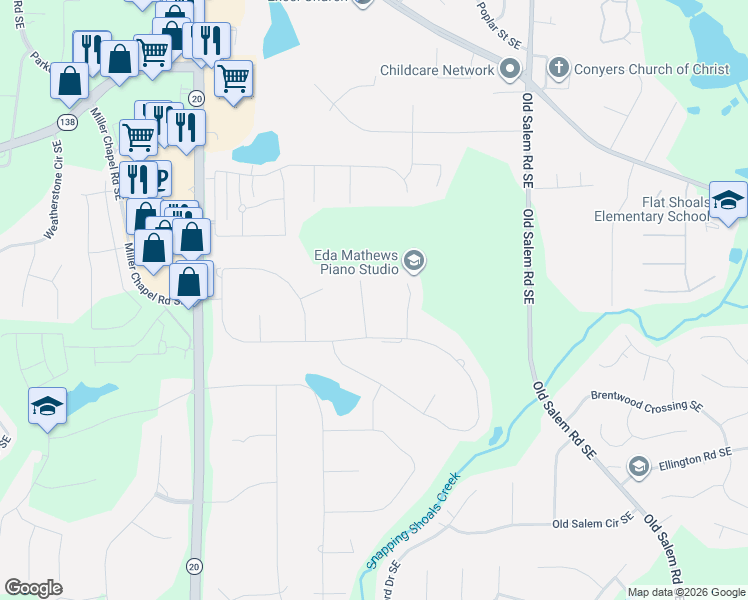 map of restaurants, bars, coffee shops, grocery stores, and more near 1107 Thorn Apple Court Southeast in Conyers