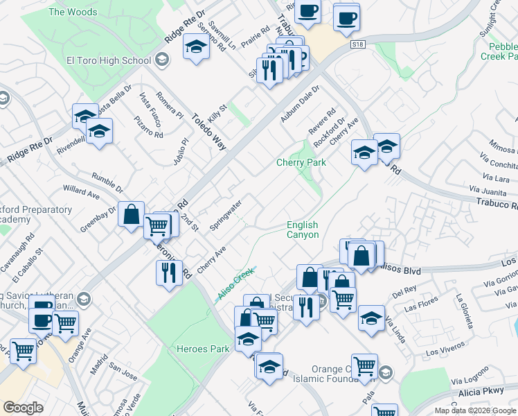 map of restaurants, bars, coffee shops, grocery stores, and more near 22902 Briarcroft in Lake Forest