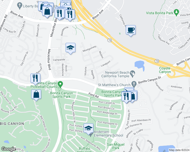 map of restaurants, bars, coffee shops, grocery stores, and more near 16 Regents in Newport Beach