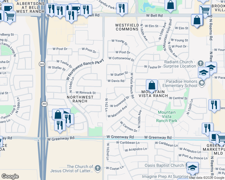map of restaurants, bars, coffee shops, grocery stores, and more near 15924 North 162nd Avenue in Surprise