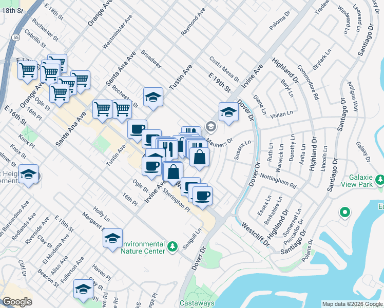 map of restaurants, bars, coffee shops, grocery stores, and more near 1173 Winslow Lane in Newport Beach