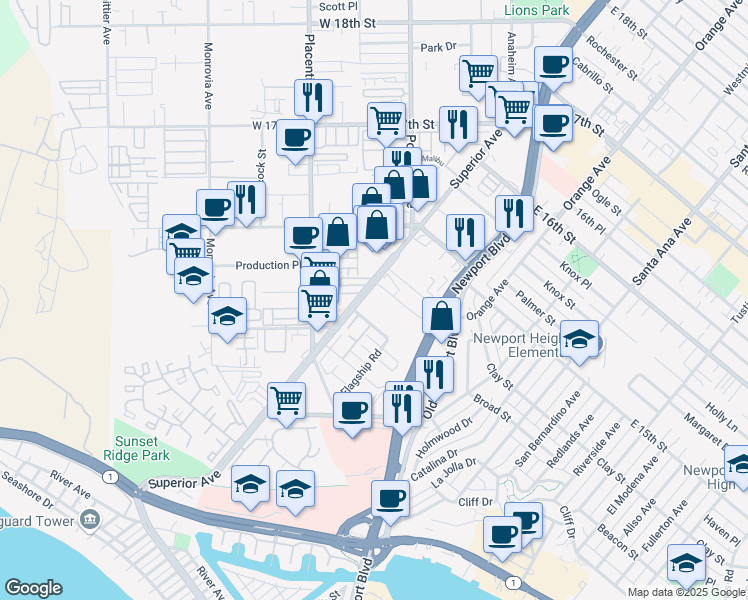 map of restaurants, bars, coffee shops, grocery stores, and more near 500 Superior Avenue in Newport Beach