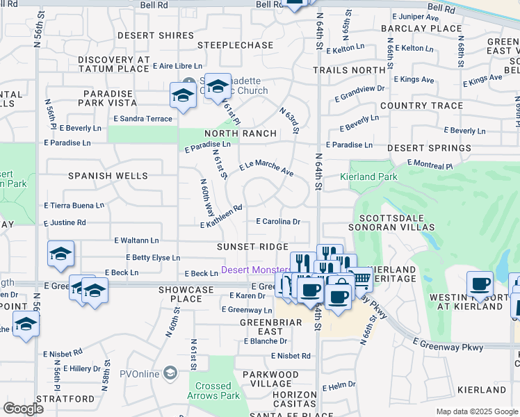 map of restaurants, bars, coffee shops, grocery stores, and more near 15808 North 62nd Place in Scottsdale