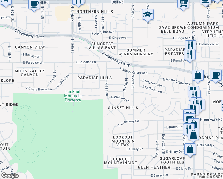 map of restaurants, bars, coffee shops, grocery stores, and more near 1816 East Tierra Buena Lane in Phoenix