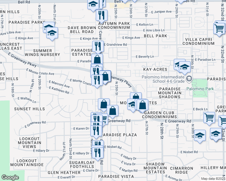 map of restaurants, bars, coffee shops, grocery stores, and more near 15818 North 25th Street in Phoenix