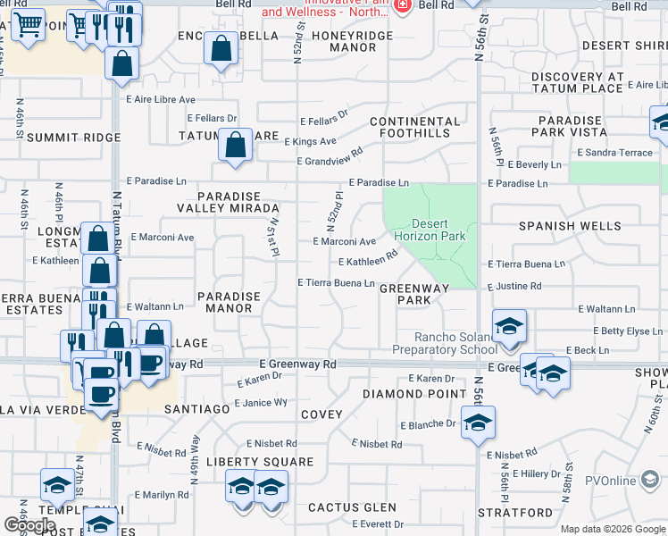 map of restaurants, bars, coffee shops, grocery stores, and more near 3239 East Kathleen Road in Scottsdale