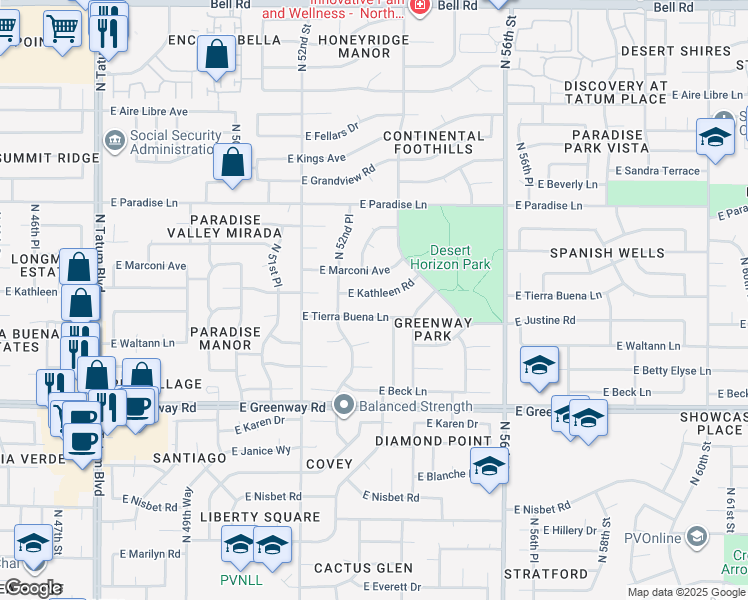 map of restaurants, bars, coffee shops, grocery stores, and more near 5317 East Kathleen Road in Scottsdale
