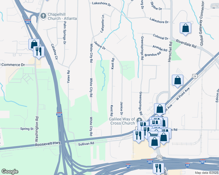 map of restaurants, bars, coffee shops, grocery stores, and more near 4625 Kent Road in College Park