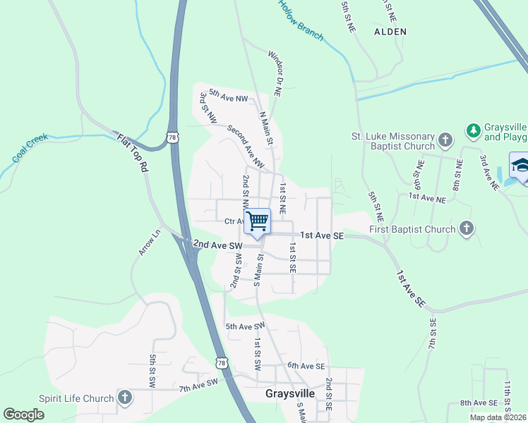 map of restaurants, bars, coffee shops, grocery stores, and more near 44 North Main Street in Graysville