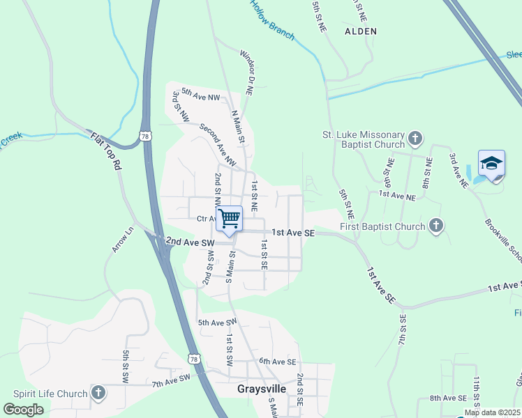 map of restaurants, bars, coffee shops, grocery stores, and more near 27 1st Street Northwest in Graysville
