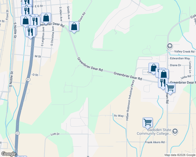 map of restaurants, bars, coffee shops, grocery stores, and more near 1004 Timuquana Lane in Anniston