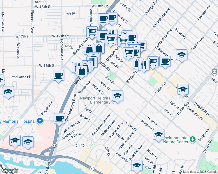 map of restaurants, bars, coffee shops, grocery stores, and more near 260 Knox Street in Costa Mesa