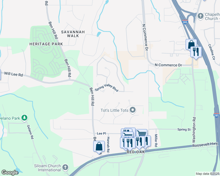 map of restaurants, bars, coffee shops, grocery stores, and more near 3510 Spring Valley Boulevard in Atlanta