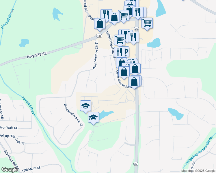 map of restaurants, bars, coffee shops, grocery stores, and more near 2117 Boxwood Circle in Conyers