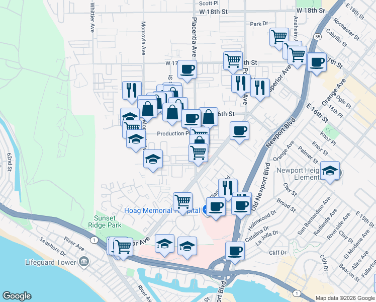 map of restaurants, bars, coffee shops, grocery stores, and more near 1525 Placentia Avenue in Newport Beach