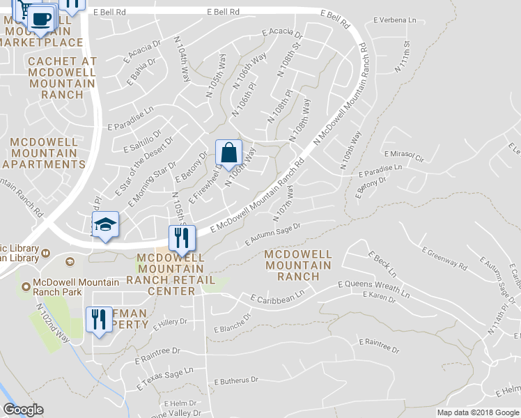 map of restaurants, bars, coffee shops, grocery stores, and more near 10696 East Salt Bush Drive in Scottsdale