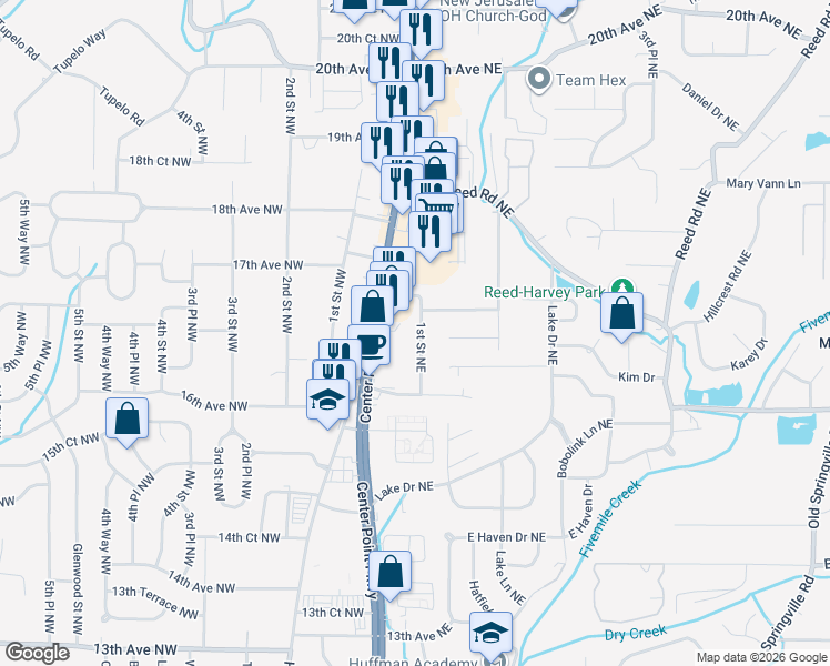 map of restaurants, bars, coffee shops, grocery stores, and more near 1632 1st Street Northeast in Center Point