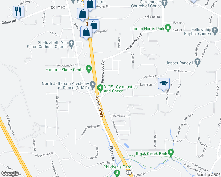 map of restaurants, bars, coffee shops, grocery stores, and more near 961 Honeysuckle Drive in Fultondale