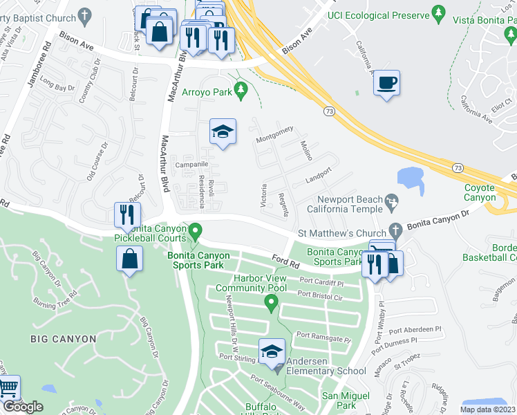 map of restaurants, bars, coffee shops, grocery stores, and more near 58 Victoria in Newport Beach