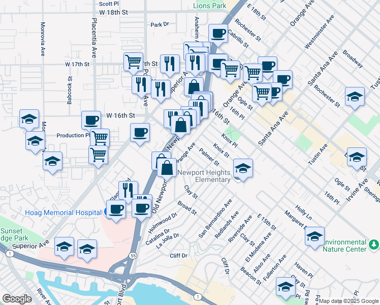 map of restaurants, bars, coffee shops, grocery stores, and more near 1502 Orange Avenue in Costa Mesa