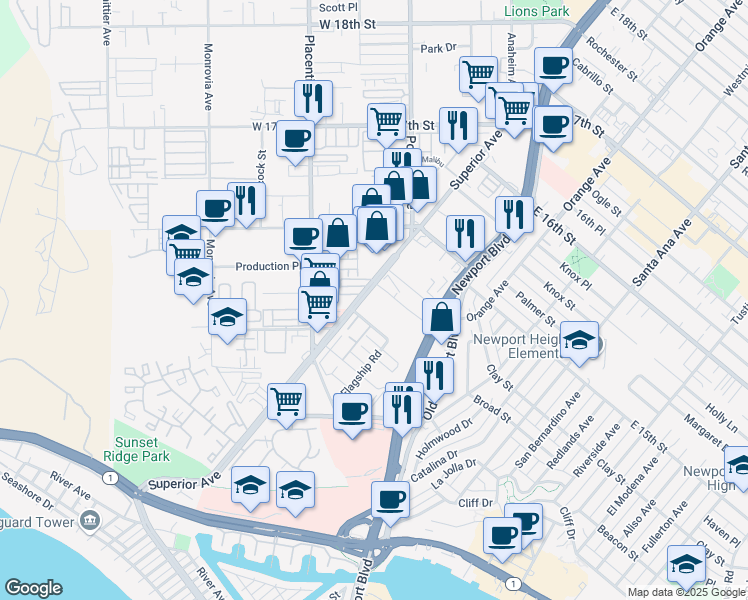 map of restaurants, bars, coffee shops, grocery stores, and more near 500 Superior Avenue in Newport Beach