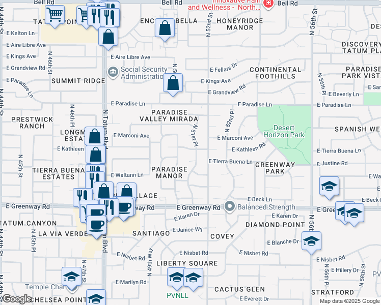 map of restaurants, bars, coffee shops, grocery stores, and more near 5117 East Kathleen Road in Scottsdale