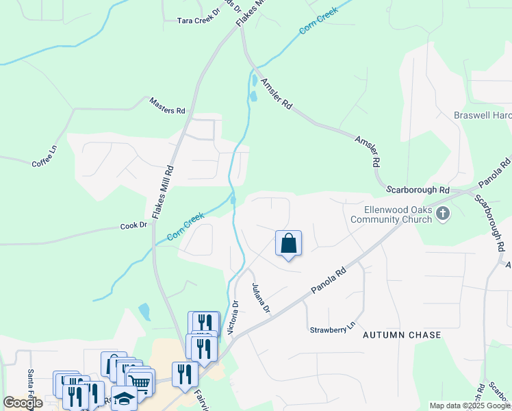 map of restaurants, bars, coffee shops, grocery stores, and more near 355 Victoria Drive in Ellenwood