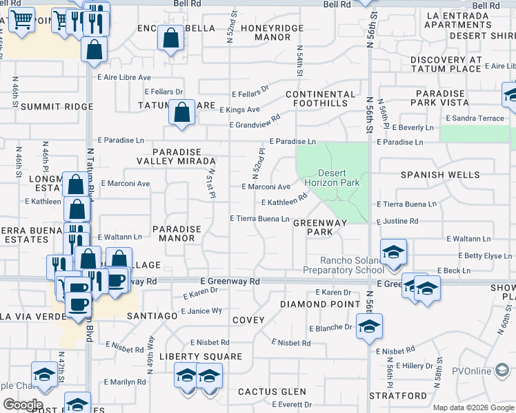 map of restaurants, bars, coffee shops, grocery stores, and more near 3239 East Kathleen Road in Scottsdale