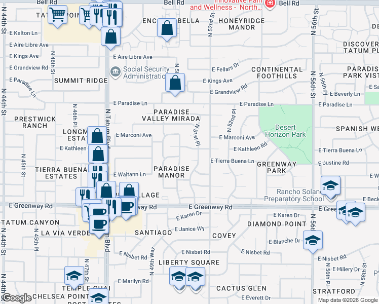 map of restaurants, bars, coffee shops, grocery stores, and more near 5117 East Kathleen Road in Scottsdale