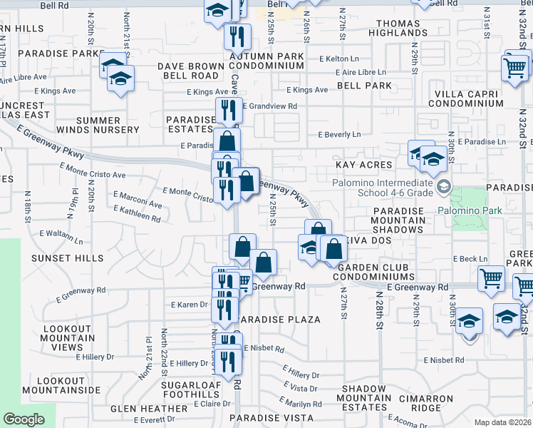 map of restaurants, bars, coffee shops, grocery stores, and more near 15818 North 25th Street in Phoenix