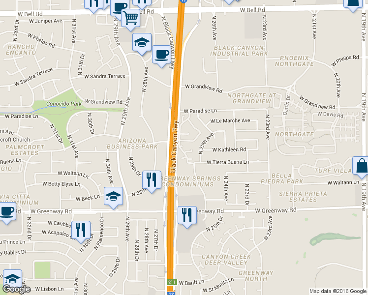 map of restaurants, bars, coffee shops, grocery stores, and more near 15847 North 26th Avenue in Phoenix