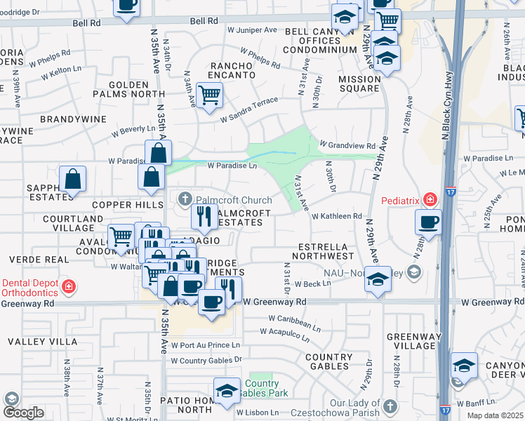 map of restaurants, bars, coffee shops, grocery stores, and more near 3164 West Marconi Avenue in Phoenix