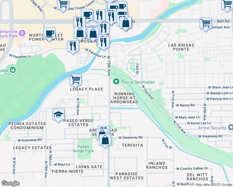 map of restaurants, bars, coffee shops, grocery stores, and more near 15974 North 74th Drive in Peoria