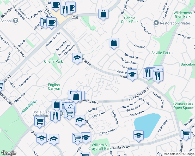 map of restaurants, bars, coffee shops, grocery stores, and more near 22937 Vía Cereza in Mission Viejo